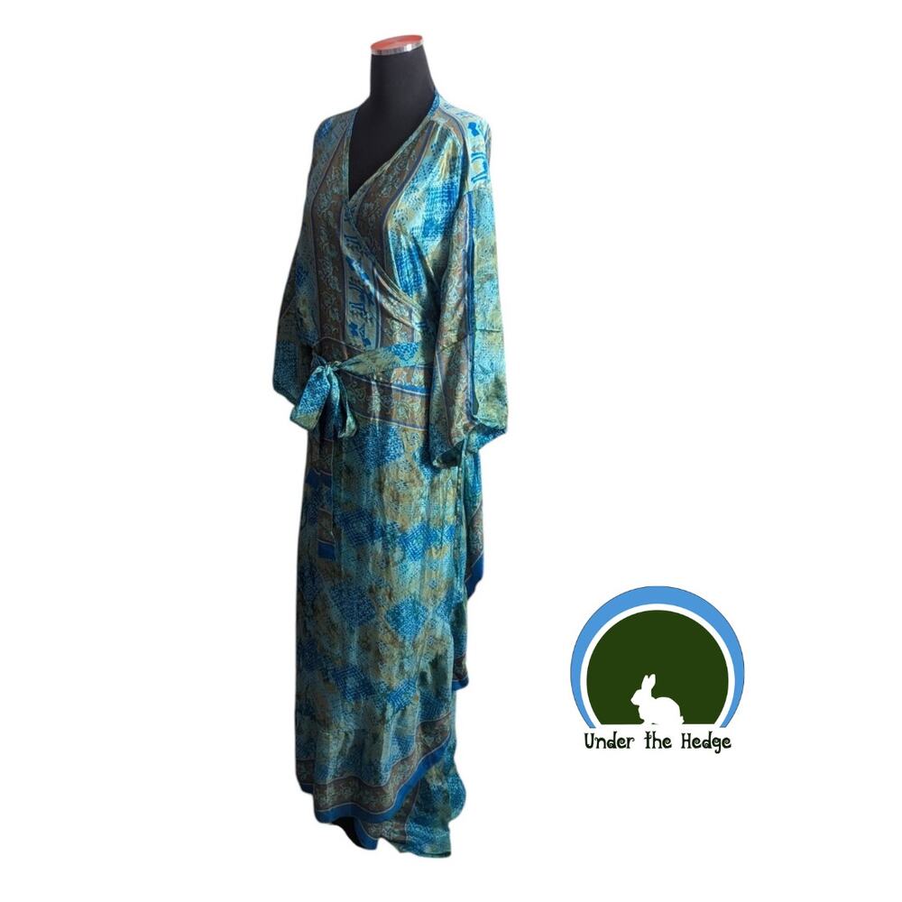 Aqua Recycled Silk Blend Wrap Maxi Ruffle Sari Dress Goddess Plus Size Boho M1
